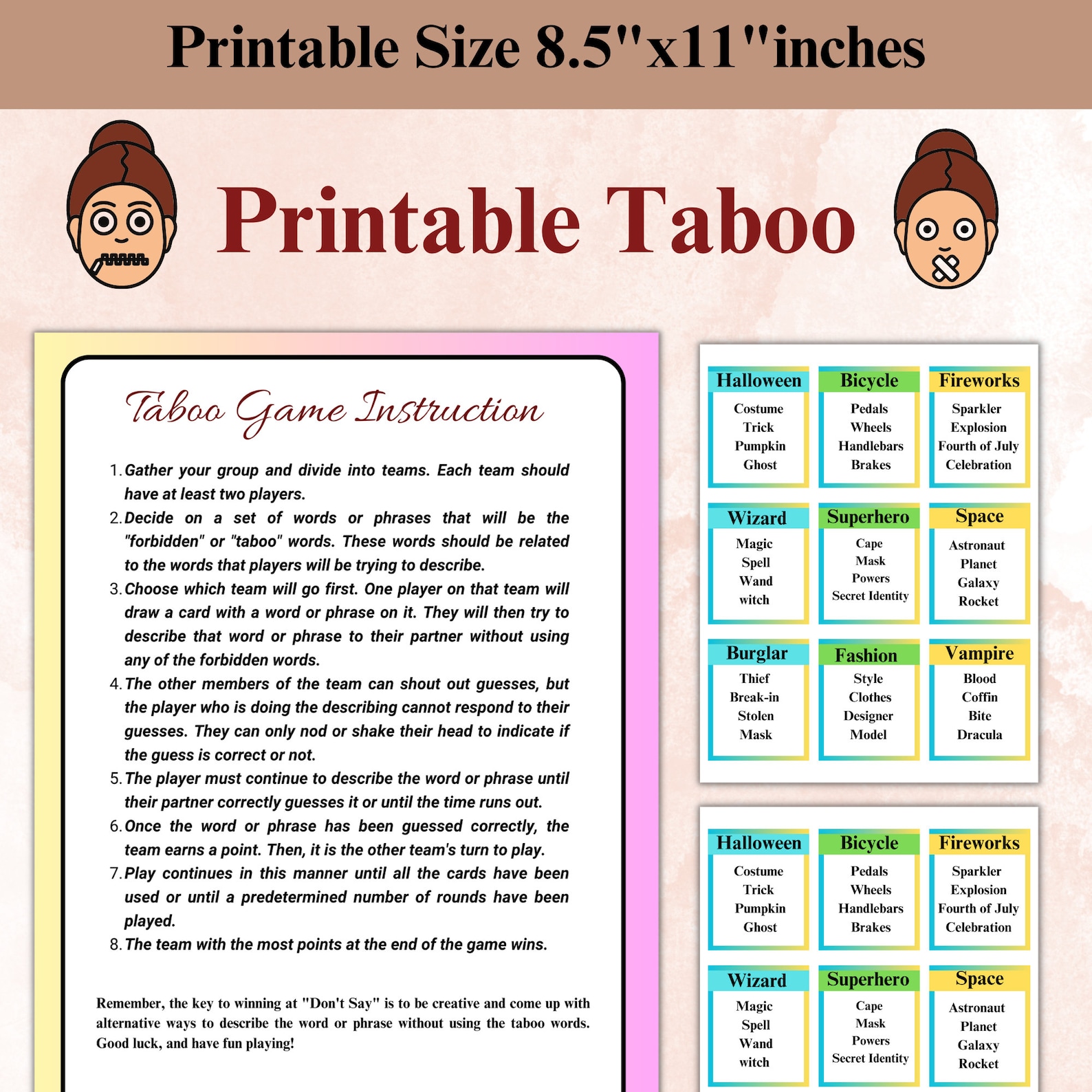 Printable Taboo Game Taboo Game Forbidden Words Instant Download Printable Taboo Game Taboo Game Forbidden Words Instant Download