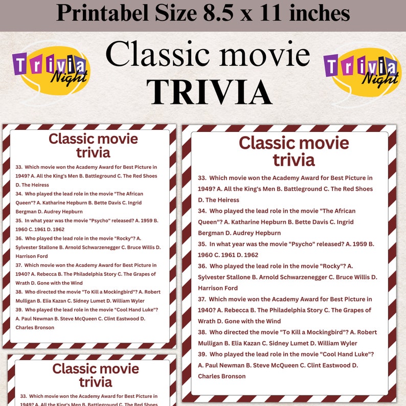 Classic Movie Trivia, Printable Classic Movie Trivia, Classic Movie