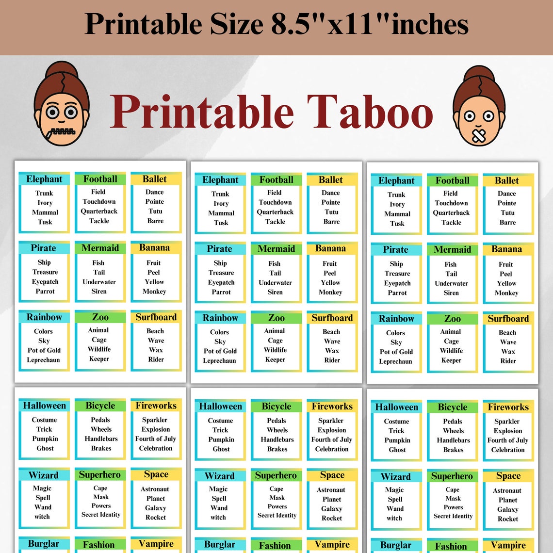 Printable Taboo Game, Taboo Game, Forbidden Words, Instant Download ...