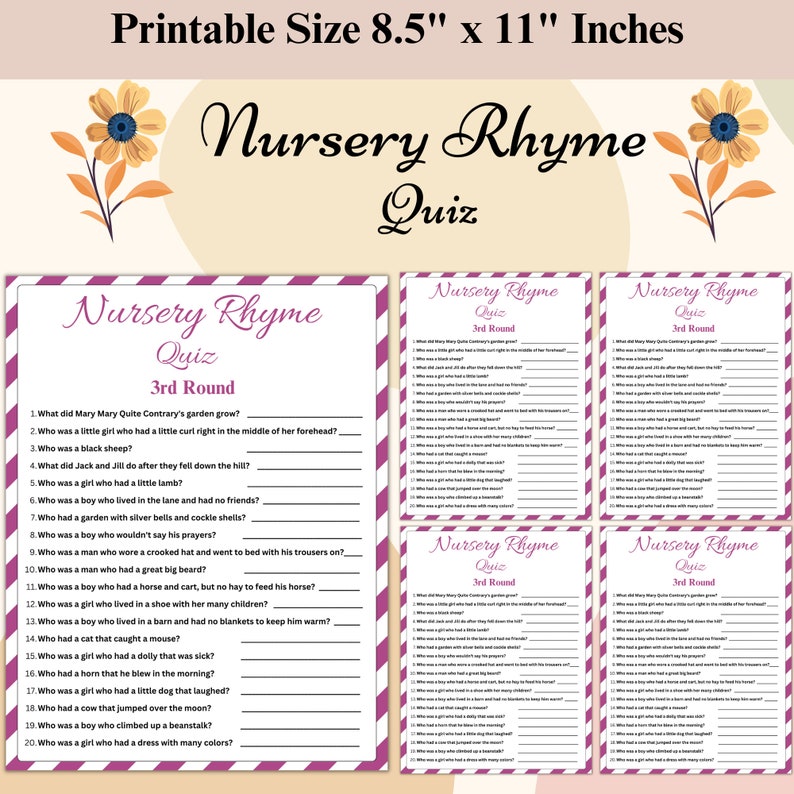 Baby Shower Game, Nursery Rhyme Game, Printable Nursery Rhymes, Instant ...