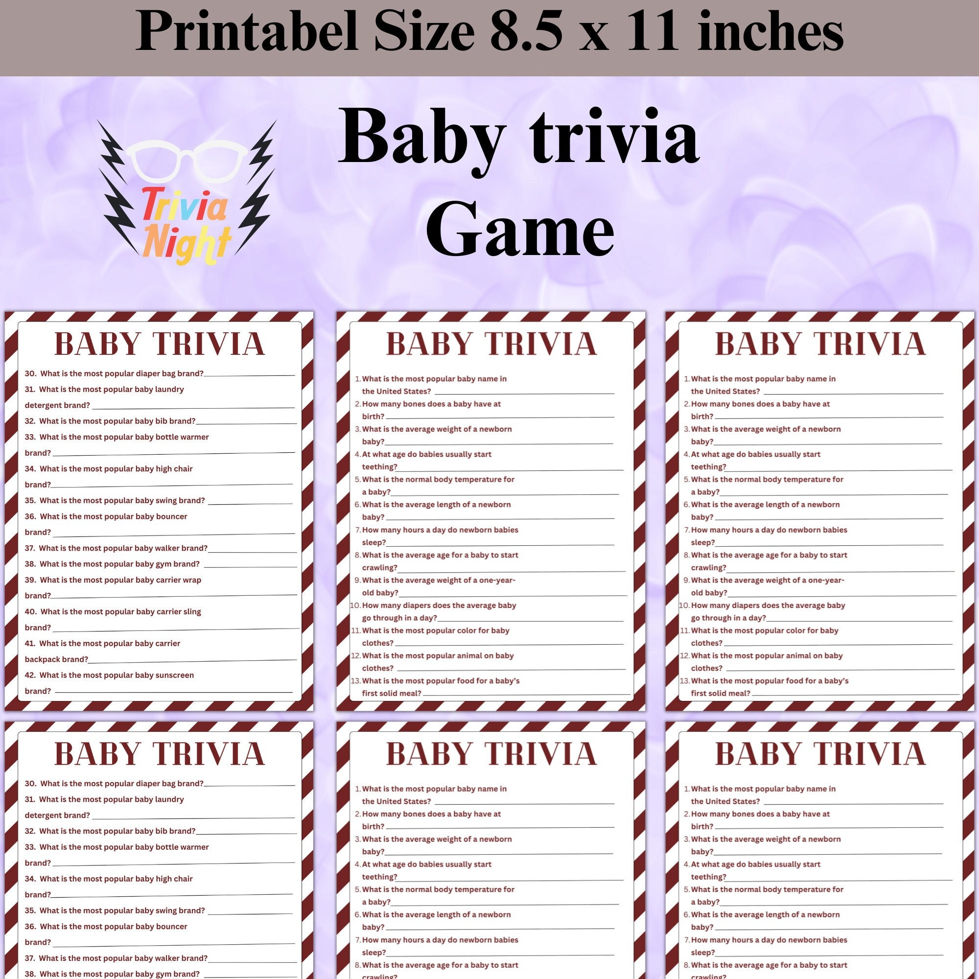 Baby Shower Trivia Game, Printable Baby Game, Trivia, Instant Download ...