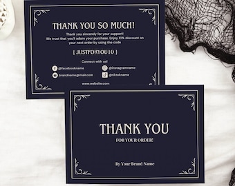 May include: Two dark blue thank you cards with white text and decorative borders. The top card says "Thank you so much!" and includes a discount code. The bottom card says "Thank you for your order!" and includes the text "By Your Brand Name".