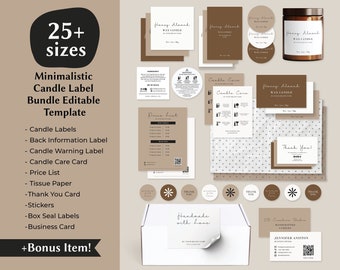 May include: A set of printable candle label templates in a minimalist style. The set includes labels for the front and back of the candle jar, a warning label, a care card, a price list, tissue paper, a thank you card, stickers, box seal labels, and a business card. The labels are in brown and white with a simple design.