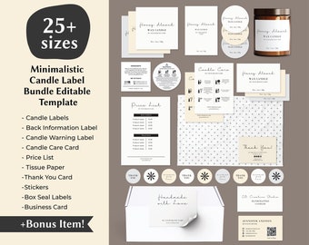 May include: A collection of candle label templates and packaging elements. Includes labels, care cards, price lists, stickers, and a business card. The labels feature the text "Honey Almond Wax Candle". The packaging includes a white box with a "Handmade with love" sticker.