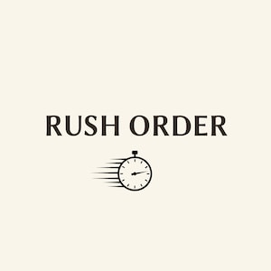 May include: Black and white logo with the text "RUSH ORDER" and a stylised image of a stopwatch with a blurred motion effect behind it.
