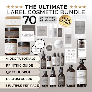 Peut inclure: Une collection de 70 modèles d'étiquettes cosmétiques de différentes tailles, avec un schéma de couleurs brun clair et le texte "Coco Cashmere" et "The Ultimate Label Cosmetic Bundle". L'image comprend également un bonus gratuit, des tutoriels vidéo, un guide d'impression, un emplacement pour code QR, des options de couleur personnalisées et la possibilité d'imprimer plusieurs étiquettes par page.