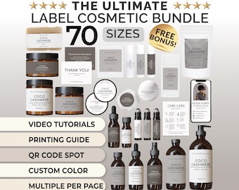 May include: A collection of 70 cosmetic label templates in various sizes, featuring a light brown color scheme with the text "Coco Cashmere" and "The Ultimate Label Cosmetic Bundle". The image also includes a free bonus, video tutorials, a printing guide, a QR code spot, custom color options, and the ability to print multiple labels per page.