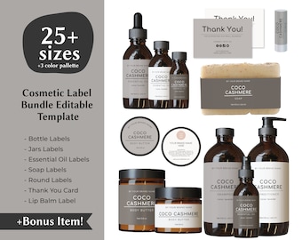 May include: A cosmetic label bundle template with various label sizes and a 3-color palette. The image showcases bottle labels, jar labels, essential oil labels, soap labels, round labels, thank you cards, and lip balm labels. The labels feature the text "Coco Cashmere".