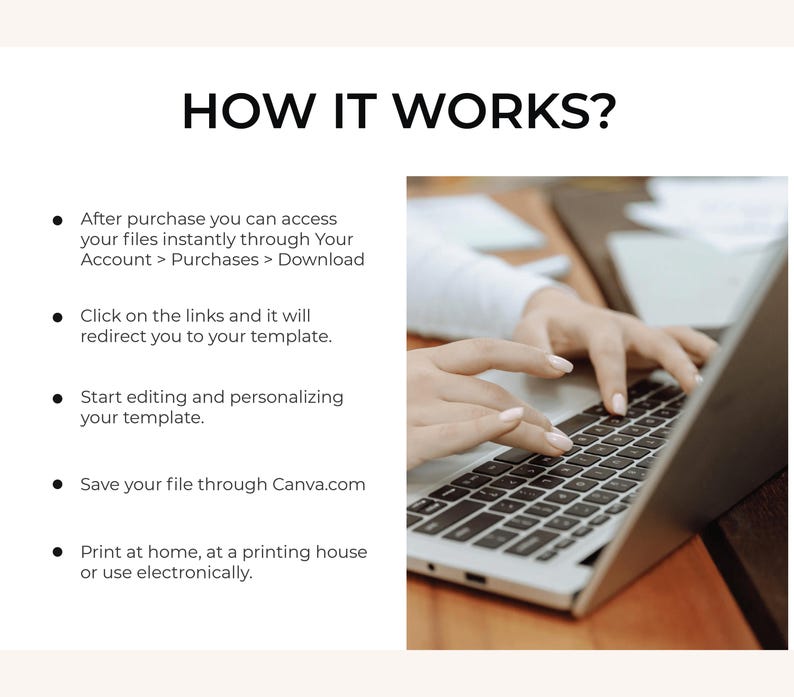 May include: A person's hands are typing on a laptop computer. The text on the screen reads "HOW IT WORKS?" and lists steps for accessing and editing digital files.