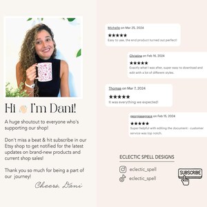 May include: A woman holding a mug with a floral pattern. The text "Hi I'm Dani!" is written in a handwritten font. The text "A huge shoutout to everyone who's supporting our shop!" is written below the woman's image. The text "Don't miss a beat & hit subscribe in our Etsy shop to get notified for the latest updates on brand-new products and current shop sales!" is written below the previous text. The text "Thank you so much for being a part of our journey!" is written below the previous text. The text "Cheers, Dani" is written in a handwritten font below the previous text. The text "ECLECTIC SPELL DESIGNS" is written in a bold font. The text "eclectic_spell" is written below the previous text. The text "eclectic_spell" is written below the previous text. The text "SUBSCRIBE" is written in a bold font. A hand with a pointing finger is drawn next to the text "SUBSCRIBE".