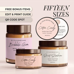 May include: Three glass jars with brown lids and labels. The labels are white with black text and feature the names "Bubble Gum", "Cotton Candy", and "Sweet Sunshine". Each jar contains body butter and has the text "Shea Butter", "Body Butter", and "Body Butter" on the labels. The jars are on a pink background with the text "FIFTEEN SIZES" at the top.
