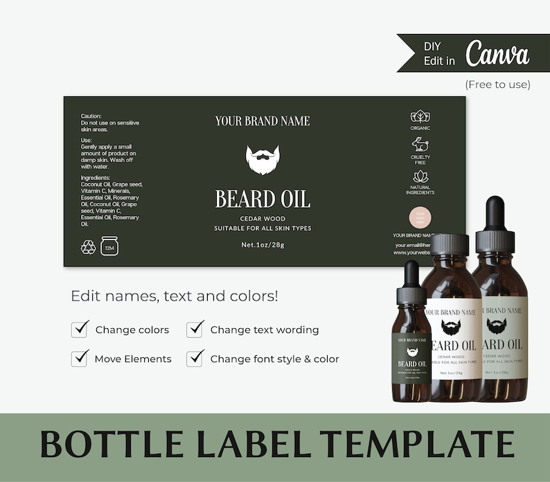 Beard Oil Bottle Label Printable Bottle Sticker Essential Oil Bottle Label 4oz