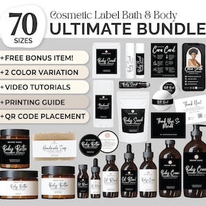 Puede incluir: Una colección de 70 etiquetas cosméticas imprimibles para productos de baño y cuerpo. Las etiquetas presentan un diseño en blanco y negro con una estética minimalista moderna. Las etiquetas incluyen una variedad de tamaños y formas para diferentes productos, como manteca corporal, exfoliante corporal, crema corporal, mezcla de aceites, jabón hecho a mano, bombas de baño y tarjetas de cuidado. Las etiquetas también incluyen un código QR para un fácil acceso a la información del producto.