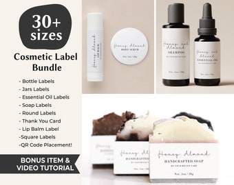 May include: A set of 30+ cosmetic labels in various sizes for different products, including lip balm, body scrub, shampoo, essential oil, and soap. The labels feature a handwritten font and the text "Honey Almond" with the product name and "By Your Brand Name".