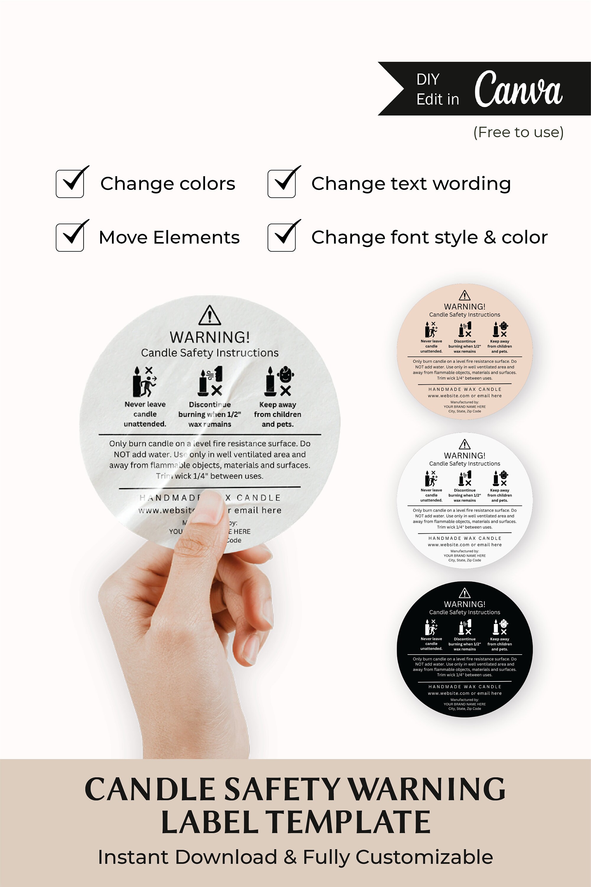 Editable Candle Warning Label Template Candle Safety Label Round ...