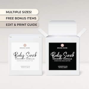 Może przedstawiać: Białe pudełko z czarno-białą etykietą z napisem "Body Scrub Coconut Vanilla Hydrating Shea Butter Handmade in USA Net 6.8 oz | 200 ml" i nazwą marki.
