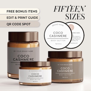 May include: Three brown glass jars with labels that read "Coco Cashmere Body Butter" and "Net 6.8 oz". The jars are on a white background.