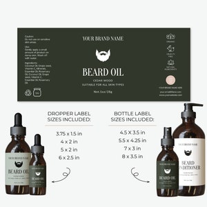 May include: Two bottles of beard oil with dropper tops and a bottle of beard conditioner with a pump top. The bottles are all brown glass with white labels. The labels have the text "Beard Oil" and "Beard Conditioner" on them. The labels also have the text "Cedar Wood" and "Suitable for all skin types". The bottles are on a white background. The image also includes a green label with the text "Your Brand Name" and "Beard Oil" on it. The label also has a list of ingredients and a list of sizes for the bottles.