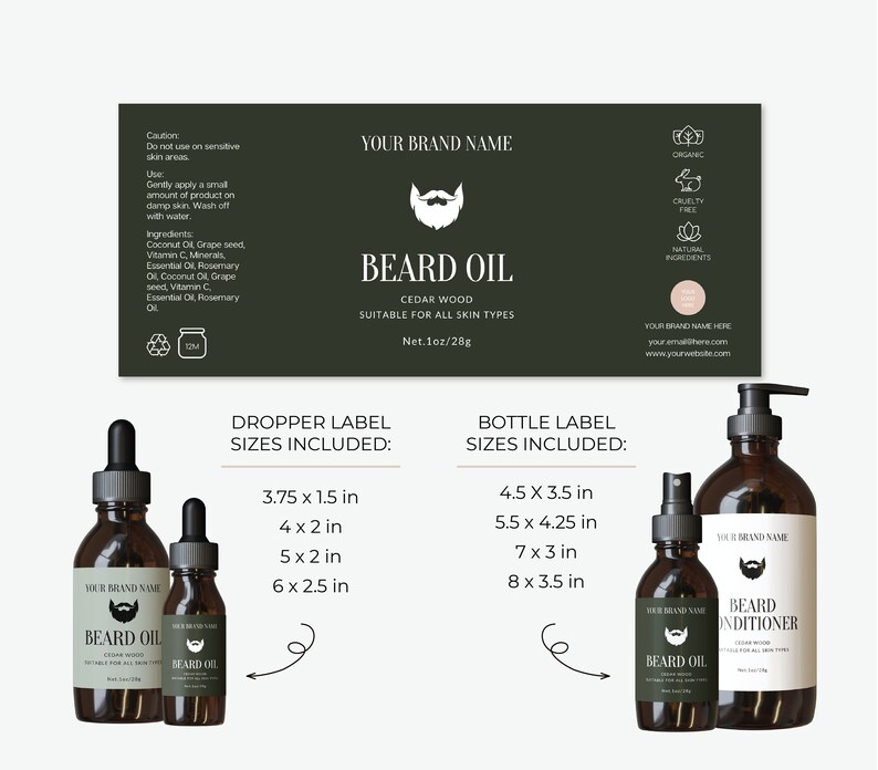 May include: Two bottles of beard oil with dropper tops and a bottle of beard conditioner with a pump top. The bottles are all brown glass with white labels. The labels have the text "Beard Oil" and "Beard Conditioner" on them. The labels also have the text "Cedar Wood" and "Suitable for all skin types". The bottles are on a white background. The image also includes a green label with the text "Your Brand Name" and "Beard Oil" on it. The label also has a list of ingredients and a list of sizes for the bottles.