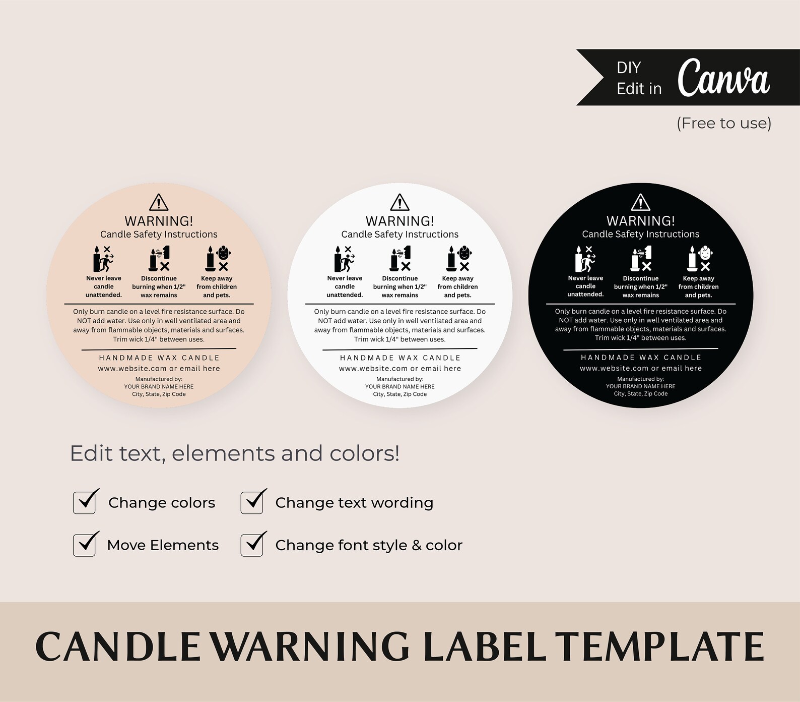 Editable Candle Warning Label Template Candle Safety Label Round ...