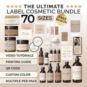 Könnte beinhalten: Eine Sammlung von 70 Kosmetik-Etiketten in verschiedenen Größen mit einem minimalistischen Design und dem Text "Sandalwood" in einer handgeschriebenen Schriftart. Die Etiketten werden auf verschiedenen Produkt-Mockups gezeigt, darunter Flaschen, Gläser, Tuben und Schachteln. Das Bild enthält auch Text, der "The Ultimate Label Cosmetic Bundle" und "Free Bonus!" lautet.