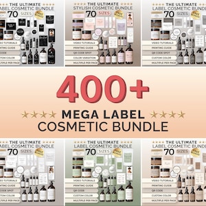 Puede incluir: Un conjunto de paquetes de productos cosméticos con etiquetas, que incluyen botellas, frascos y tubos. La imagen presenta texto que dice "The Ultimate Label Cosmetic Bundle" y "Mega Label Cosmetic Bundle" con "70 Sizes" y "400+".