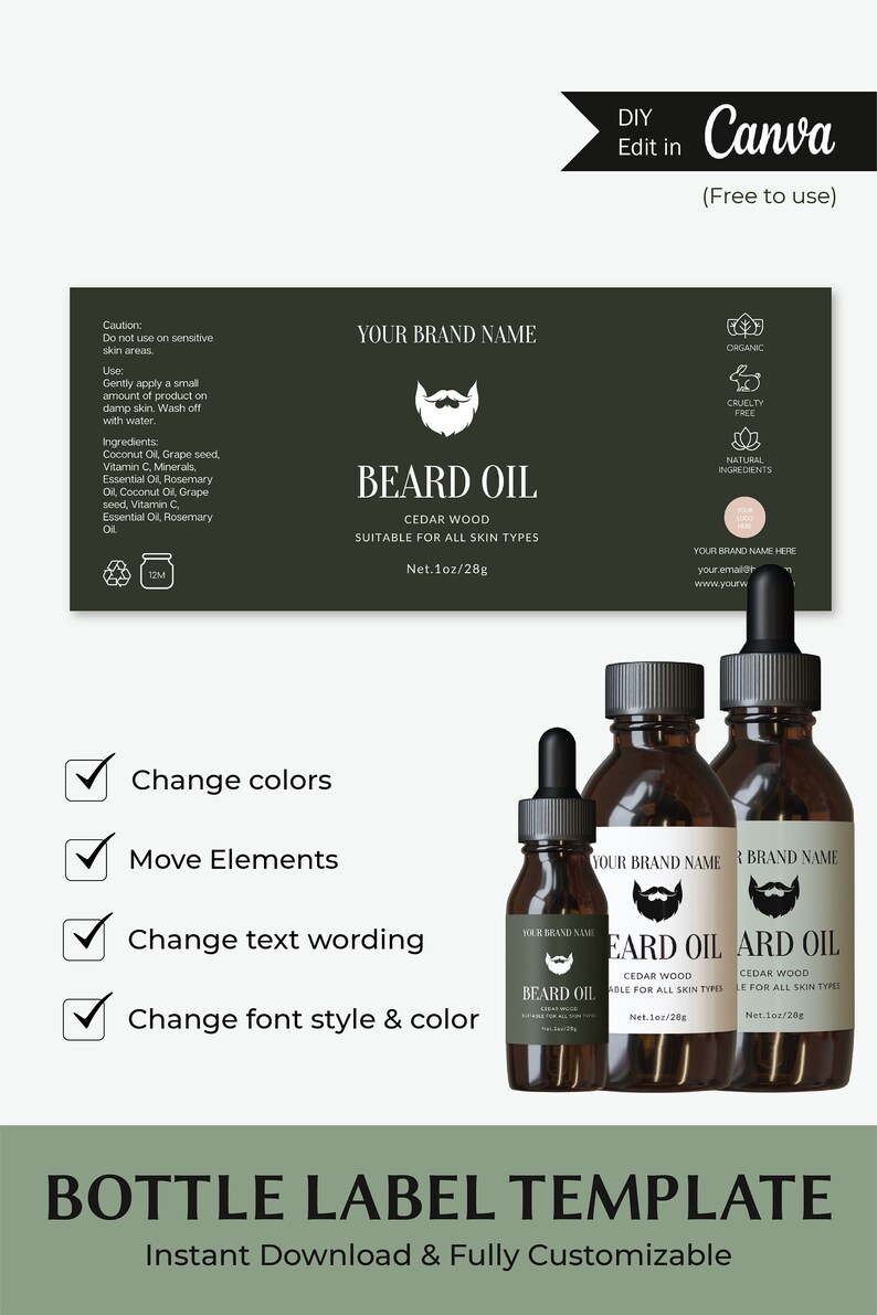 Beard Oil Bottle Label Printable Bottle Sticker Essential Oil Bottle Label 4oz