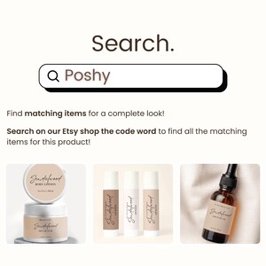 May include: Three product images for a sandalwood body care line. The first image shows a jar of body lotion, the second image shows two lip balms, and the third image shows a bottle of essential oil. All products have the same label design with the word "Sandalwood" written in cursive.