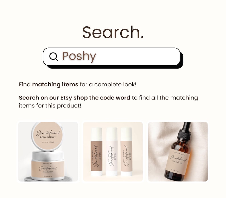 May include: Three product images for a sandalwood body care line. The first image shows a jar of body lotion, the second image shows two lip balms, and the third image shows a bottle of essential oil. All products have the same label design with the word "Sandalwood" written in cursive.