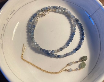 Handmade jewelry box natural pearl necklace kyanite gems and gold filled sea seed earrings