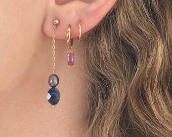 Boucles d'oreilles handmade gold filled perles d'eau douce et lapis lazuli fait main graine de mer