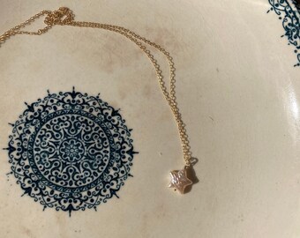 Collier, chaîne en gold filled handmade avec pendentif étoile perle eau douce graine de mer