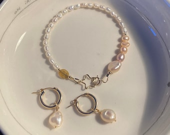 Coffret bijoux en gold filled et perles d'eau douce créoles et bracelet graine de mer