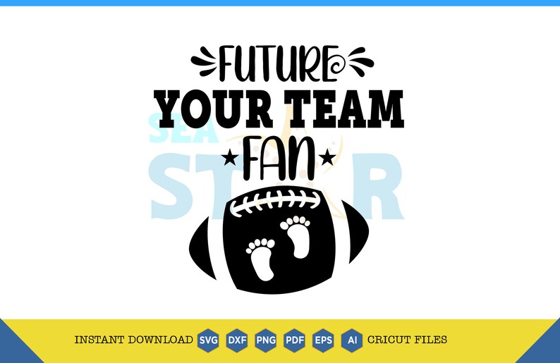 Puede incluir: Dise&ntilde;o gr&aacute;fico en blanco y negro con el texto "Future Your Team *Fan*" y una pelota de f&uacute;tbol con dos huellas de pies dentro.