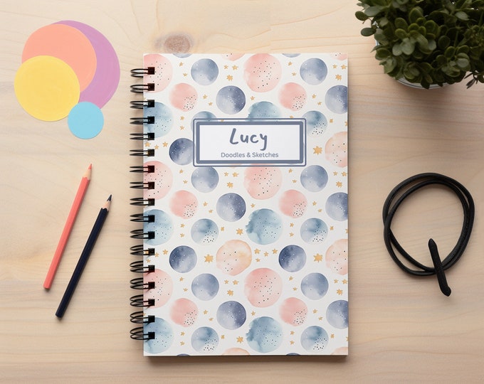 Personalized Kids Journal with Watercolor Moon Pattern, Notebook for Kids, Gifts for Kids, Kids Sketchbook