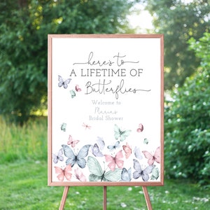 Here&#39;s To A Lifetime Of Butterflies Welcome Sign, Bachelorette Party Welcome, Bridal Shower Party Decor, Instant Download, Editable Template