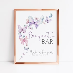 Insegna bar bouquet di farfalle, insegna da tavolo con fiori, decorazione per addio al nubilato, insegna di compleanno rosa viola blu, download istantaneo, modello modificabile
