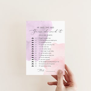 Pink And Purple Watercolor Guess Who Said It, He Said She Said Bridal Shower, Party Game, Bride And Groom Activity, Editable Template