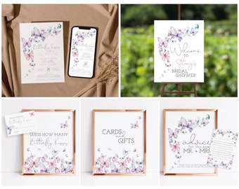 May include: A set of printable bridal shower decorations featuring a watercolor butterfly theme. The set includes a welcome sign, invitations, a game card, and an advice card for the new couple. The decorations are in shades of pink, purple, and blue.