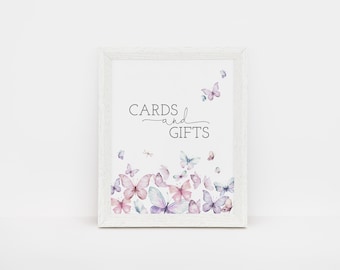 Butterflies Cards And Gifts Sign, Gift Table Sign, Bridal Shower Decor, Pink Purple Blue Birthday Sign, Instant Download, Editable Template