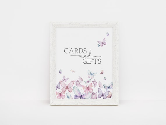 Butterflies Cards And Gifts Sign, Gift Table Sign, Bridal Shower Decor, Pink Purple Blue Birthday Sign, Instant Download, Editable Template