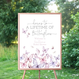 Here's To A Lifetime Of Butterflies Welcome Sign, Bridal Shower Party Welcome, Bachelorette Party Decor, Instant Download, Editable Template