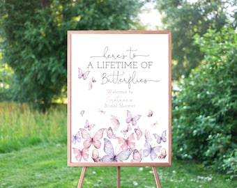 Here&#39;s To A Lifetime Of Butterflies Welcome Sign, Bridal Shower Party Welcome, Bachelorette Party Decor, Instant Download, Editable Template