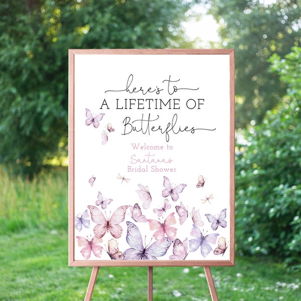 Here's To A Lifetime Of Butterflies Welcome Sign, Bridal Shower Party Welcome, Bachelorette Party Decor, Instant Download, Editable Template