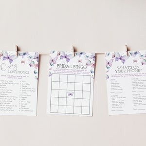 Butterfly Bridal Shower Games, Love Song Trivia, Bridal Bingo, What's On Your Phone, Party Activity, Instant Download, Editable Template