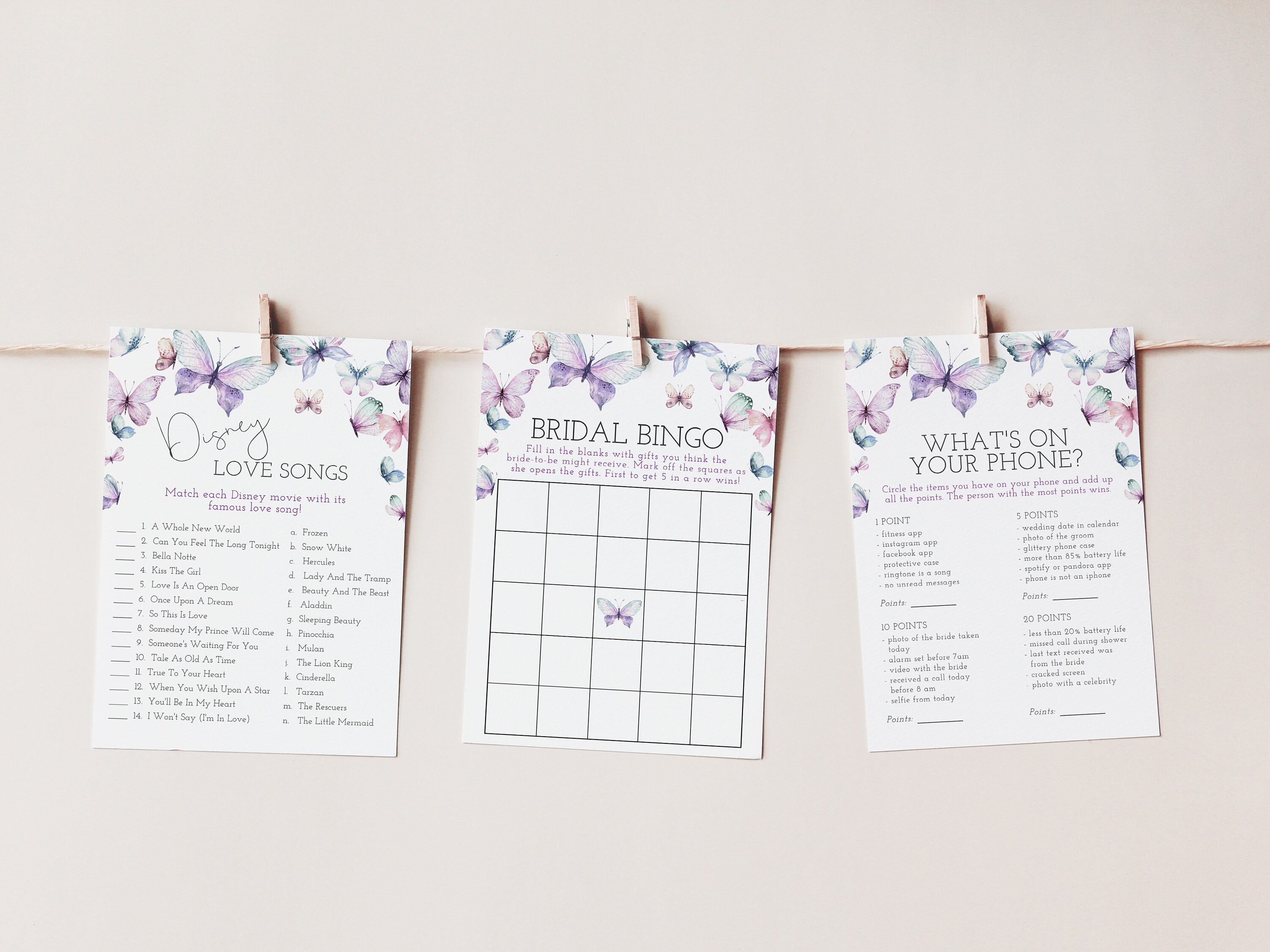 Butterfly Bridal Shower Games, Love Song Trivia, Bridal Bingo, What's On Your Phone, Party Activity, Instant Download, Editable Template