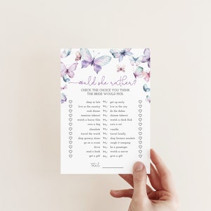 Butterflies Would She Rather Game, Butterfly Theme Bridal Shower, Bachelorette Party Game, Brunch Activity, Editable Template