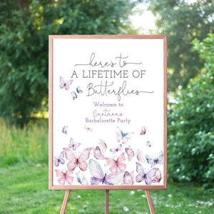 Here's To A Lifetime Of Butterflies Welcome Sign, Bachelorette Party Welcome, Bachelorette Party Decor, Instant Download, Editable Template