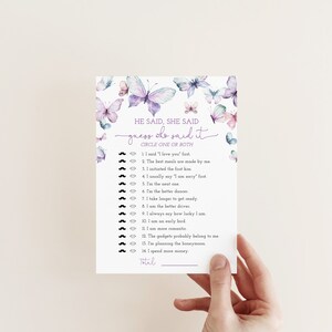 Butterfly Guess Who Said It, He Said She Said Bridal Shower, Pink Purple Party Game, Bride And Groom Activity, Questions, Editable Template