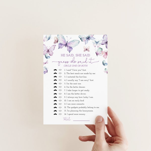 Butterfly Guess Who Said It, He Said She Said Bridal Shower, Pink Purple Party Game, Bride And Groom Activity, Questions, Editable Template